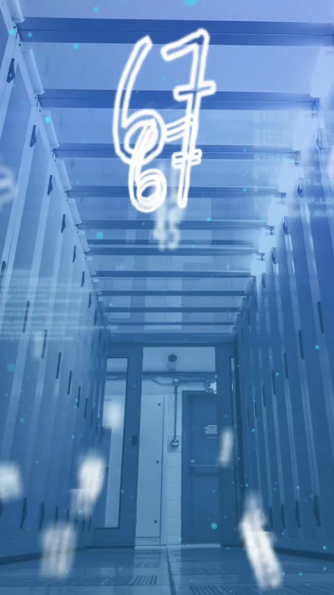Animation of numbers changing over tech room with computer servers Stock Footage 331649581
