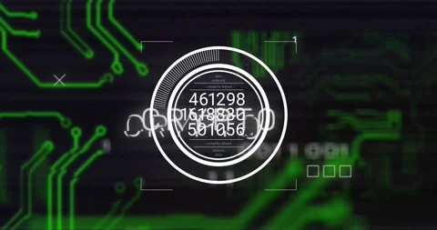 Animation of numbers in circle, crypto text symbol, glitch technique over Stock Footage 328836393
