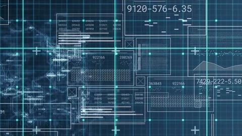 Animation of numbers in circles and rectangle, graph, bars, grid pattern against Stock Footage 230188294