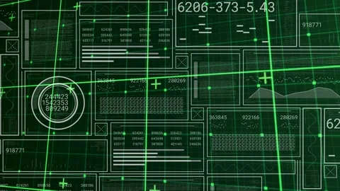 Animation of numbers in circles and rectangle, graph, bars, grid pattern against Stock Footage 230188307