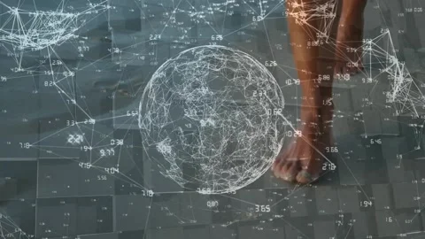 Animation of numbers connecting dots, spinning globe with african man walking Stock Footage 330296685