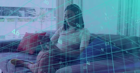 Animation of numbers, data processing over grid and woman using tablet Stock Footage 328402405