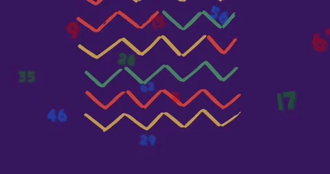 Animation of numbers falling over zigzag pattern on purple background 库存影片 325770518
