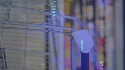 Animation of numbers floating and data processing over empty shopping cart at Stock Footage 312422250