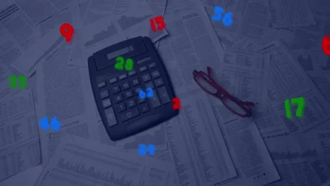 Animation of numbers floating over glasses falling over calculator and documents Video stock 327126130