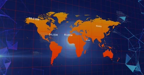 Animation of numbers floating over world map against plexus networks on blue Stock Footage 328243970