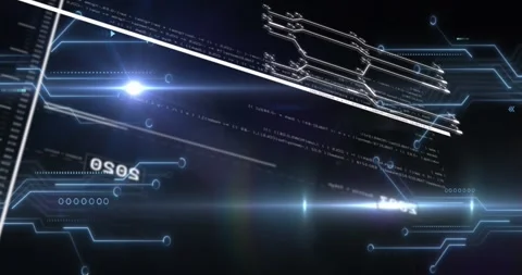 Animation of numbers, flying lens flare, circuit board and computer language Stock Footage 326879693