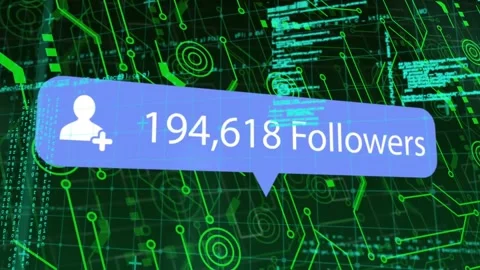 Animation of numbers, followers text in notification bars, computer language Stock Footage 325704796