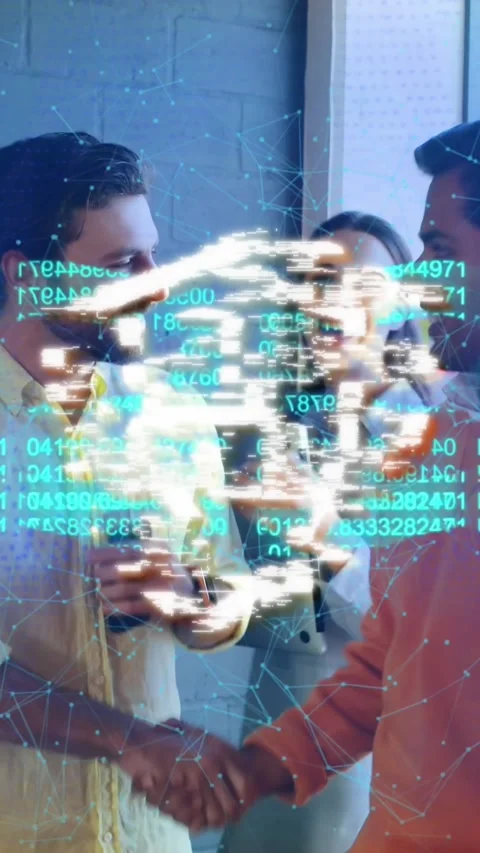 Animation of numbers forming blockchain and padlock in shield, diverse coworkers Stock Footage 344745971