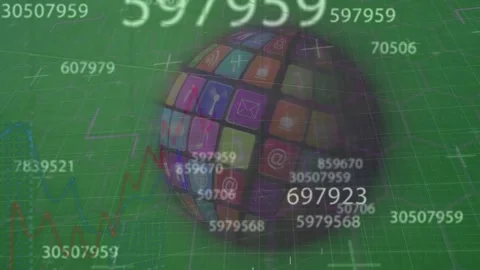 Animation of numbers, globe with tech icons and graphs on green background Stock Footage 330343830