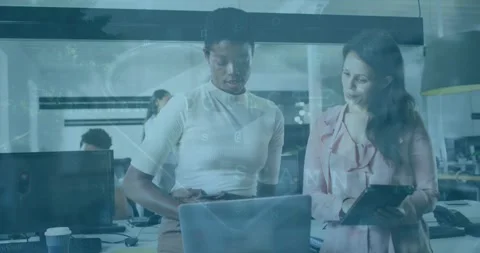 Animation of numbers, letters, time-lapse of walking people, diverse coworkers Stock Footage 329292405
