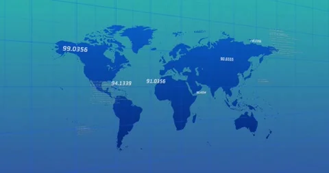 Animation of numbers over grid pattern and computer language against map on blue Stock Footage 242649705
