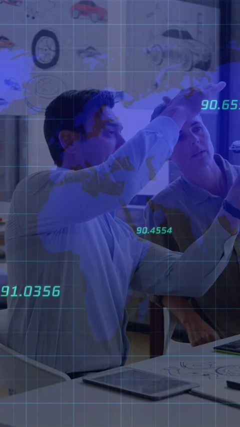Animation of numbers over world map against two diverse male engineers Stock Footage 322955666