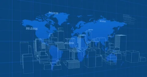 Animation of numbers processing and world map over 3d cityscape drawing Stock Footage 327195166