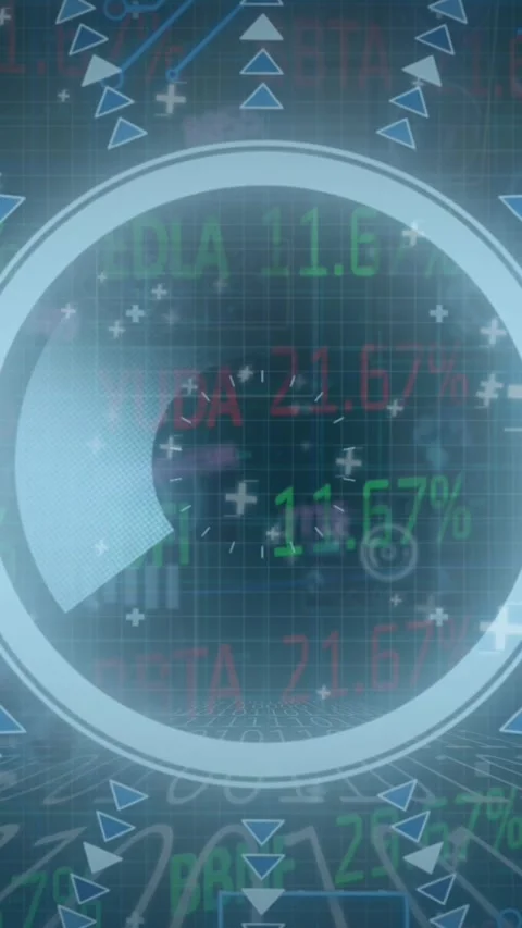 Animation of numbers, processing circle and financial data on digital screen 스톡 동영상 343867061