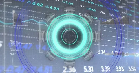 Animation of numbers, processing circle with glitch and financial data on Stock Footage 327900298