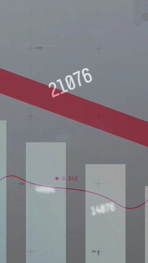 Animation of numbers processing over red arrow pointing down and statistics in Video stock 323682369