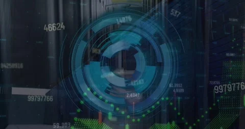 Animation of numbers, scope and data processing over computer motherboard Stock Footage 328588410