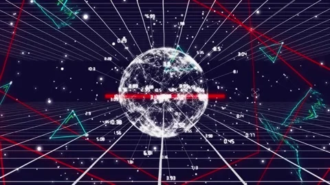 Animation of numbers, triangles, rectangles and globe over grid pattern on black Stock Footage 247908139