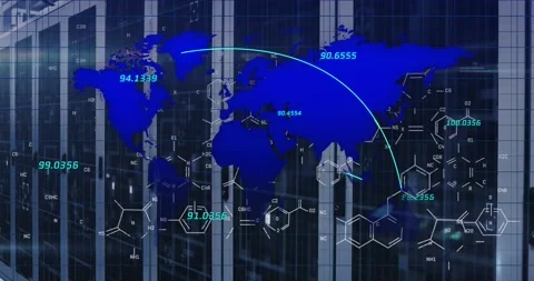 Animation of numbers, world map and chemical formulas over server room Vídeos de archivo 328086901