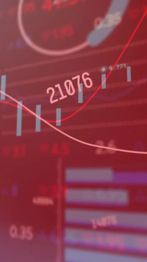 Animation of numeric data processing over graphs charts on dark background Stock Footage 343868127