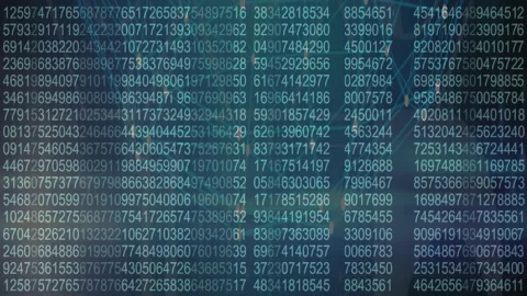 Animation of numerical data and binary code flowing over abstract digital 库存影片 304095991