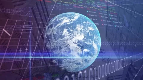 Animation of office buildings, binary coding, financial data processing over Stock Footage 329850400