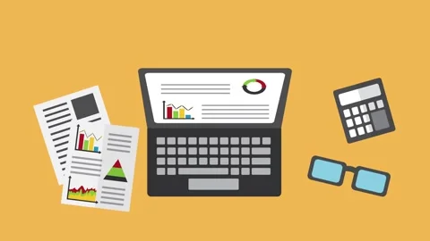 Animation of office desk with laptop documents and calculator showing finan.. Stock Footage 333722109