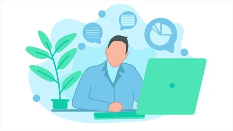 Animation of office man working in front of the monitor screen and looking Stock Footage 315578875