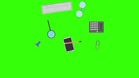 Animation of office tools on green screen, flat design elements Stock Footage 309958439