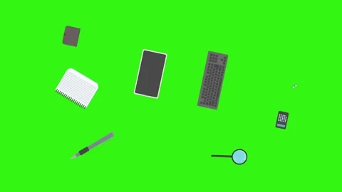 Animation of office tools on green screen, flat design elements Stock Footage 309958572