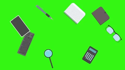 Animation of office tools on green screen, flat design elements Stock Footage 309958593