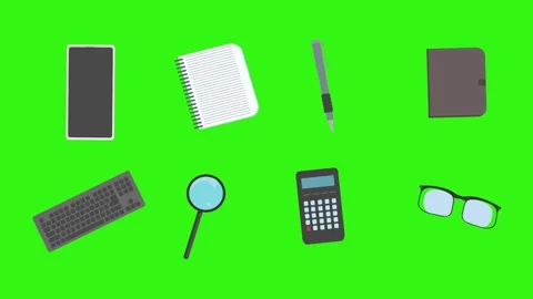 Animation of office tools on green screen, flat design elements Stock Footage 309958601