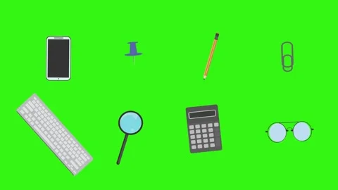 Animation of office tools on green screen, flat design elements Stock Footage 309958602