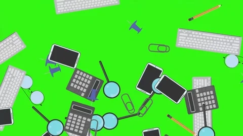 Animation of office tools on green screen, flat design elements Stock Footage 309958616