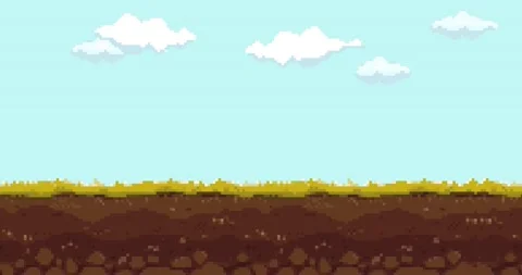 Animation of old style pixel game. Pixel art game background. Ground, grass, sky Stock Footage 226559366