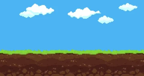 Animation of old style pixel game. Pixel art game background. Ground, grass, sky Stock Footage 279254266