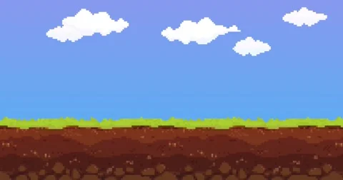 Animation of old style pixel game. Pixel art game background. Ground, grass, sky Video stock 279254352