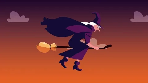 Animation of old witch flying on broomstick through night sky with clouds i.. Видео 338423002