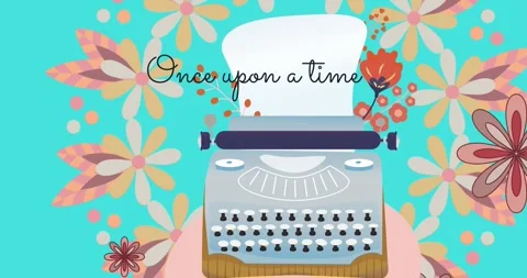 Animation of once upon a time text over typewriter with floral spring decoration Stock Footage 328585028