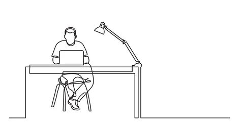 Animation of one line drawing of man working with laptop computer behind desk Stock Footage 87242887