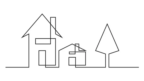 Animation of one line drawing of two houses and a tree. Planning, design an.. Video stock 310650285
