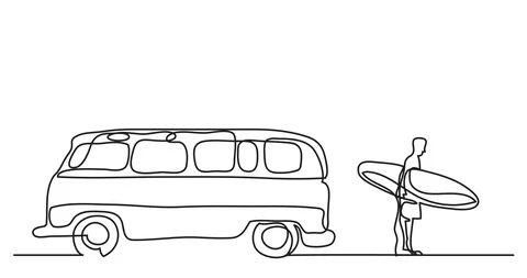 Animation of one line drawing of van and man with surfboard on beach Video stock 87243225