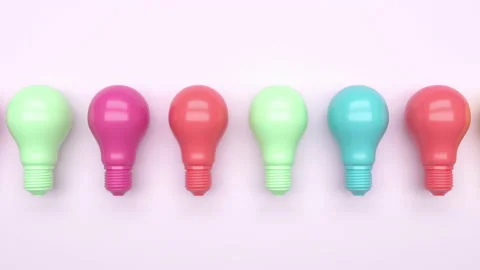 Animation one row Colorful Light bulbs on blue background. 3D Minimal Stock Footage 140894171