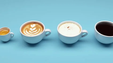 Animation one row a cup of coffee Set on blue background. 3D animation 4K. Stock Footage 140723714