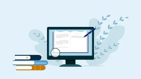 Animation of online learning open book on a computer monitor with magnifyin.. Stockbeeldmateriaal 334762912