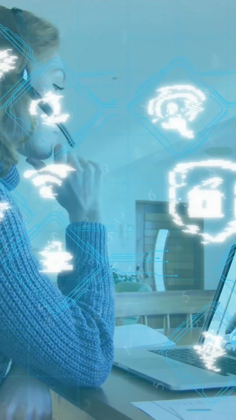 Animation of online security interface over businesswoman using phone headset Stock Footage 342811706
