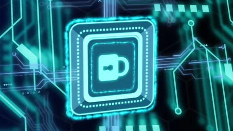 Animation of online security padlock, data processing over computer circuit Stock Footage 312385745