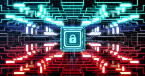 Animation of online security padlock, data processing over computer circuit Stock Footage 330048613