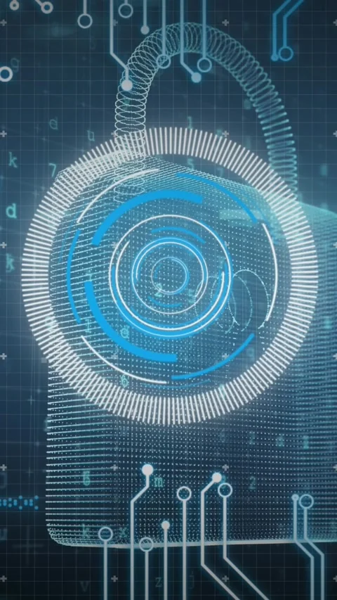 Animation of online security padlock, data processing, scope scanning and Stock Footage 343738374